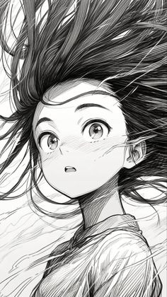 a drawing of a girl with her hair blowing in the wind