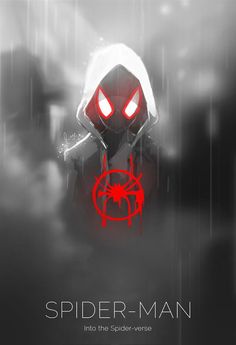 spider - man into the spiderverse movie poster with red eyes and white head on black background