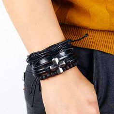 100% Genuine Leather Antique Silver Charms Allergy Free Nickel Free Hypoallergenic Adjustable Closure Casual Silver Leather Bracelet, Casual Silver Jewelry With Black Band, Men's Boutique, Layered Bracelet, Mens Accessories Jewelry, Boutique Accessories, Layered Bracelets, Allergy Free, Accessories Men