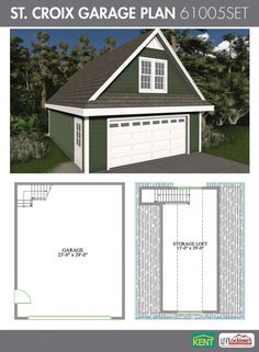 the front and back view of a garage plan with two car spaces on each side