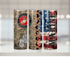 three different types of beer cans with the american flag and marine seal on them, sitting side by side