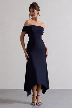 Windsor | Navy Bardot Midi Dress Bardot Dress Wedding Guest, Flattering Wedding Guest Dress, Bardot Midi Dress, Club L London, Bardot Neckline, Black Dress Prom, Bardot Dress, Wedding Guest Looks, Windsor Dresses