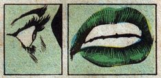 two images of green lips with black and white lines