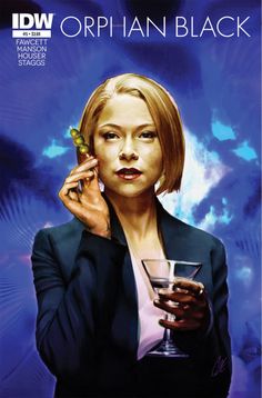 a painting of a woman holding a martini glass and talking on the phone, with clouds in the background