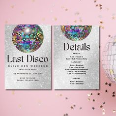 the last disco flyer is displayed on a pink background with stars and confetti