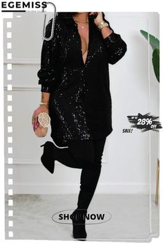 Black Sexy Casual Solid Sequins Shirt Collar Shirt Dress Dresses Collar Shirt Dress, Collared Shirt Dress, Sequin Shirt, Turndown Collar, Collar Shirt, Shirt Collar, Collar Shirts, Women's Fashion Dresses, T Shirt Dress