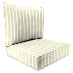 a white and beige striped chair cushion on a white background with no people around it