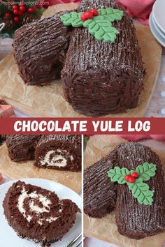 chocolate yule log cake with holly wreath decoration on top, cut in half and ready to be eaten