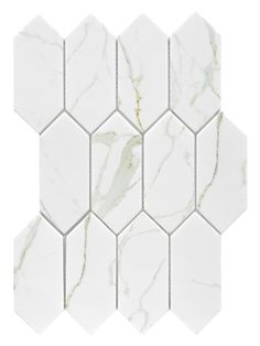 white marble hexagon tiles with gold veining on each side and one in the middle