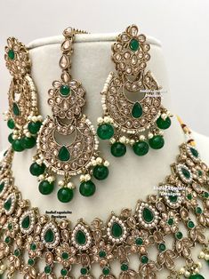 Gorgeous Antique Gold Polki Necklace Set With Beautiful Earrings Tikka /indian Jewelry/ High Quality/bollywood Jewelry/green - Etsy Green Kundan Bollywood Jewelry, Green Hand Set Chandbalis For Festivals, Green Hand Set Chandbalis For Diwali, Festival Green Hand Set Chandbalis, Green Bollywood Kundan Necklace For Festivals, Bollywood Green Tikka For Festive Occasions, Green Round Kundan Necklace Bollywood Style, Green Kundan Bridal Necklace Hand Set, Green Kundan Bridal Earrings With Stone Work