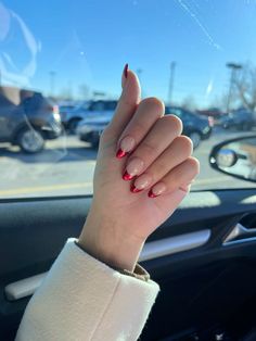 Red chrome french tip nails Red Nails Acrylic Almond French Tip, Maroon Chrome French Tip Nails, Red Nail Inspo Christmas, Red Tip With Chrome, Metallic Red French Tip Nails, French Tip Red Chrome, Red Chrome Nails Almond French Tip, Glazed Red French Tip Nails