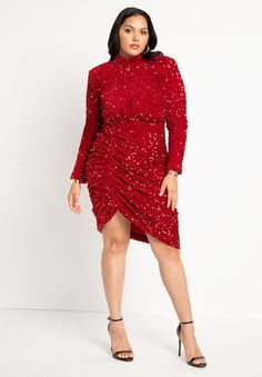 Ruched Sequin Dress - Mock Neck Mini, Savvy Red Skirt Mini, Woman Within, Swimsuits For All, Sequin Dress, Mock Neck, Sequin, Skirt, Red, Clothes