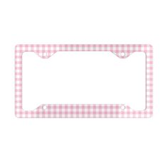 a pink and white gingham license plate frame with an oval hole in the center