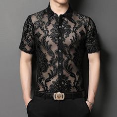 Threebooy New Fashion Floral Embroidery Transparent Shirt Man See Through Sexy Casual Shirts Men Social Party Lace Sheer Blouse Hollowout Material: nylon Shirts Type: Casual Shirts Applicable Scene: party Style: chic Tips: Please choose the size according to your height and weight. 1. Order size is Asian Size, It is smaller than US,UK,AU,EU size. 2. As measured by hand,1-3 cm difference is allowed (1cm=0.39inch). 3. Different computer can display different colors even if it is the same color.ple Fitted Short Sleeve Party Shirt, Fitted Short Sleeve Shirt For Party Season, Slim Fit Shirt For Summer Party, Black Short Sleeve Party Shirt, Fitted Short Sleeve Shirt For Night Out, Fitted Black Sheer Shirt, Fitted Sheer Black Shirt, Elegant Sheer Tops For Party Season, Sheer Fitted Shirt For Party