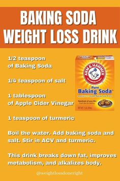 #HealthyFoodsToEatToLoseWeight Baking Soda Diet, Slim Down Drink, Baking Soda Beauty Uses, Belly Fat Drinks, Belly Fat Burner Drink, Baking Soda Uses, Diet Drinks, Fat Loss Drinks, Juice Recipes