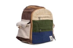 "Size: 11.3\" x 10\" x 6.5\" / 31 x 25 x 16 cm DURABLE: Our large backpack is made from eco-friendly natural hand-woven plain Hemp. It has premium fabric lining, strong stitching and comes with original Ykk zippers. HANDMADE IN NEPAL: As with all our products, our hemp backpacks are also made with love by our excellent Nepalese artisans. Because of the handcrafted nature of our product, each backpack is slightly different but every product carries the quality and care we have put on it when maki Eco-friendly Outdoor Backpack, Eco-friendly Shoulder Bag For Daily Use, Eco-friendly Multicolor Backpack, Eco-friendly Multicolor Rectangular Backpack, Eco-friendly Rectangular Multicolor Backpack, Eco-friendly Canvas Backpack, Green Standard Backpack For Trips, Green Backpack For Trips, Eco-friendly Rectangular School Backpack