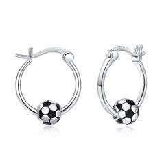 soccer ball hoop earrings in 925 sterling steel with lobster hooks on each end