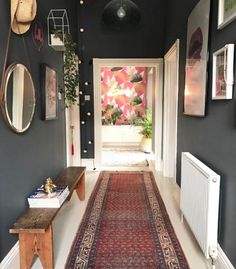 Eclectic Hallway, Grey Hallway, Dark Grey Walls, Entryway Inspiration, Design Hallway, Entrance Modern