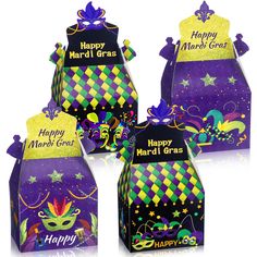 mardi gras treat boxes with happy mardi gras on them