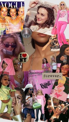 the collage shows many different pictures and words, including images of women in pink