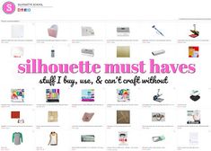 the website for silhouette must haves is displayed in pink and white letters on it