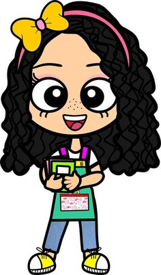 a cartoon girl with curly hair holding a clipboard