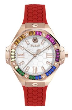 Plein Lady Royal Womens Watch 39MM IP Rose Gold Case Silver Guilloché Dial Silicone Strap Luxury Multicolor Watches With Diamond Hour Markers, Multicolor Formal Watch With Diamond Hour Markers, Multicolor Watches With Diamond Hour Markers And Round Dial, Multicolor Watch With Diamond Hour Markers, Multicolor Watches With Diamond Hour Markers, Luxury Multicolor Chronograph Watch Accessories, Luxury Pink Watch Bands, Luxury Multicolor Watches For Gifts, Luxury Multicolor Watches For Gift