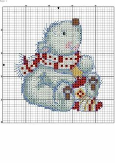 a cross stitch pattern with a white teddy bear and red polka dot bows on it