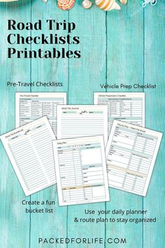 the road trip checklist printables are shown with shells and seashells