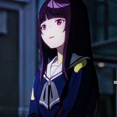 an anime character with long black hair standing in front of a building and looking at the camera