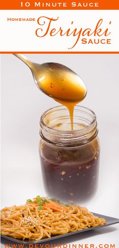 homemade teriyaki sauce in a jar being spooned into a plate with noodles