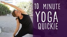 a woman is doing yoga outside in front of a white toilet with the words 10 minute yoga quickie