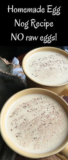 two bowls filled with egg nog soup on top of a table