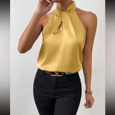 Elegant Halter Neck Top For Going Out, Chic Yellow Blouse For A Night Out, Casual Halter Neck Party Blouse, Elegant Yellow Tops For Night Out, Elegant Yellow Top For Night Out, Halter Neck Tops For Going Out In Spring, Elegant Yellow Party Top, Chic Yellow Tops For Night Out, Chic Yellow Top For Night Out