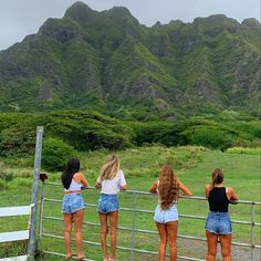 three girls are standing on a fence looking at the mountains and grass in front of them