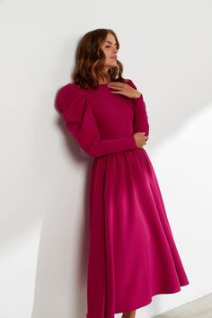 Gracious Pink Puffy Sleeves Evening Dress The Gracious Pink Puffy Sleeves Evening Dress With its boat neckline and fitted back, this dress is designed to provide both style and comfort. The ribbed puffy long sleeves are lined with softness, adding a luxurious touch to its overall designer look. Long Sleeve Midi Dress With Structured Shoulders For Party, Evening Long Sleeve Midi Dress With Structured Shoulders, Evening Midi Dress With Structured Shoulders And Long Sleeves, Pink Puff Sleeve Midi Dress For Fall, Long Sleeve Voluminous Evening Dress, Long Sleeve Midi Dress With Pleated Sleeves, Voluminous Long Sleeve Evening Dress, Pink Long Sleeve Puff Sleeve Formal Dress, Spring Long Sleeve Midi Dress With Structured Shoulders