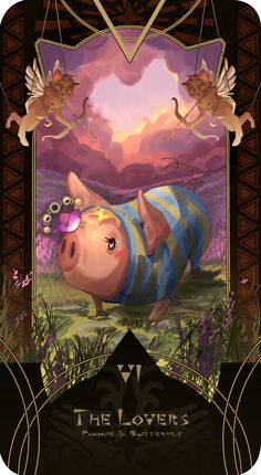 a pig that is laying down on the ground in front of a frame with flowers