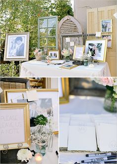 the table is set up with pictures and flowers