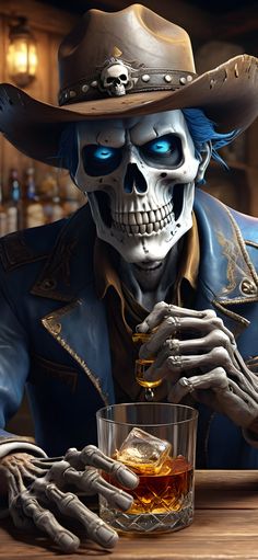 a skeleton in a cowboy hat holding a glass of whiskey while sitting at a bar