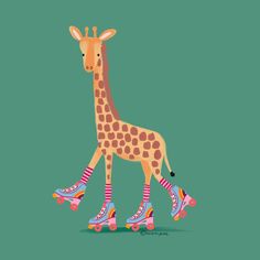 a giraffe riding roller skates on a green background