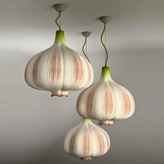 three bulbs of garlic hanging from the ceiling