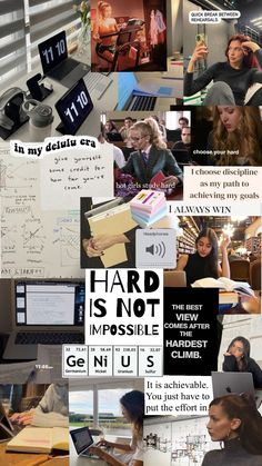 a collage of photos with words and pictures on them that say hard is not impossible