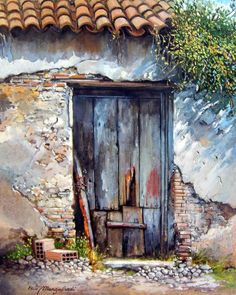 a painting of an old building with a door