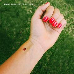 a ladybug tattoo on the wrist is shown in this aerial view from above