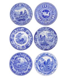 four blue and white plates with different scenes on them, all in the same pattern