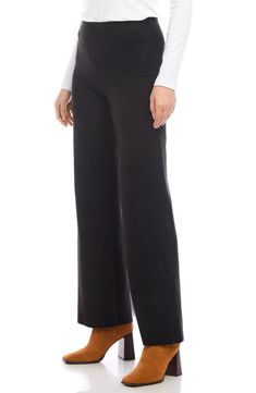 These high-waist pants with a wide-leg silhouette offer the rich and velvety feel of suede in a supercomfy stretch knit. 29" inseam; 21" leg opening; 10 1/2" front rise; 14 1/2" back rise (size MP) Pull-on style 92% polyester, 8% spandex Hand wash, line dry Made in the USA of imported fabric Formal Velvet Wide Leg Bottoms, Velvet Straight Leg Bottoms For Work, Velvet Straight Leg Workwear Bottoms, Velvet Wide Leg Pants For Work, Elegant High Waist Velvet Bottoms, Fall Velvet Workwear Pants, Elegant Wide Leg Velvet Bottoms, Velvet Full-length Work Pants, Elegant Velvet Bottoms For Workwear