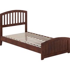 a wooden bed frame with slatted headboard and foot board