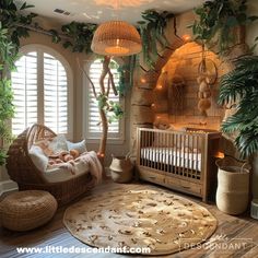 a baby's room is decorated with plants and wicker furniture