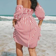 Super Cute Red & White Stripe Off The Shoulder Mini Sundress With Elasticized Pleated Bust. Made Of 80% Cotton 20% Polyester New Without Tags. Size Large The Beach Pic Is An Example Of This Style Of Dress But It Is Not The Exact Same One. Questions? Leave A Comment Below! Striped Knee-length Mini Dress For The Beach, Red Knee-length Mini Dress For Beach, Red Knee-length Mini Dress For Vacation, Red Off-shoulder Mini Dress For Beach, Red Off-shoulder Mini Dress For The Beach, Red Knee-length Beach Dress, Red Off-shoulder Summer Dress, Red Off-shoulder Dress For Day Out, Beach Striped Midi Length Mini Dress