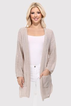 Open stitches lend lots of texture to this cover-up cardigan that’s perfect for warm-weather. Material: 65% acrylic 35% polyester Stretch: Slightly stretchy Imported Product Measurements S/M: 43.0 (Bust), 30.5 (Length) M/L: 46.0 (Bust), 31.5 (Length) Lightweight Stretch Cardigan For Layering, Long Solid Summer Cardigan, Summer Soft Knit Long Sleeve Cardigan, Summer Textured Knit Long Sleeve Cardigan, Stretch Open Front Cardigan For Beach, Stretch Solid Color Textured Knit Cardigan, Open Knit Cardigan For Loungewear, Lightweight Long Sleeve Winter Cardigan, Lightweight Casual Cardigan In Solid Color